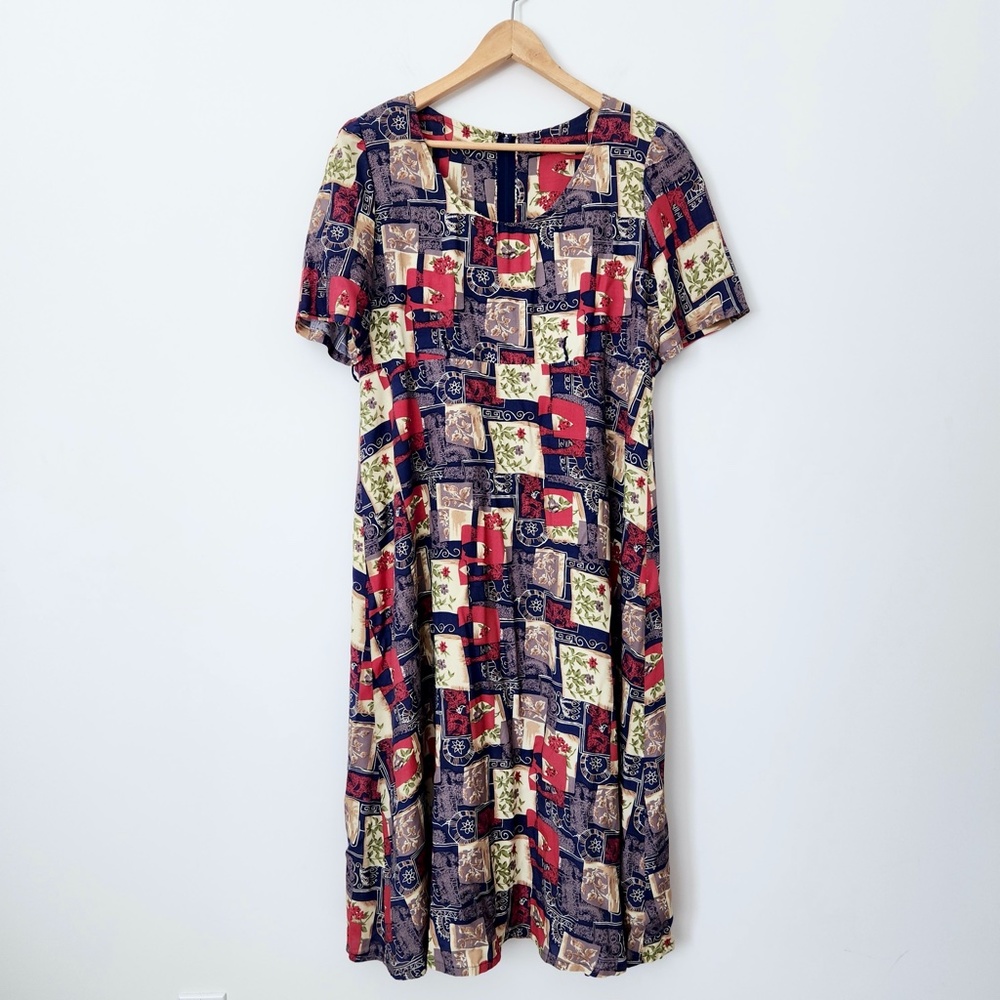 Vtg Patchwork Midi Dress Handmade Belted Blue Red Large 80s Does 50s Modest - Picture 5 of 16